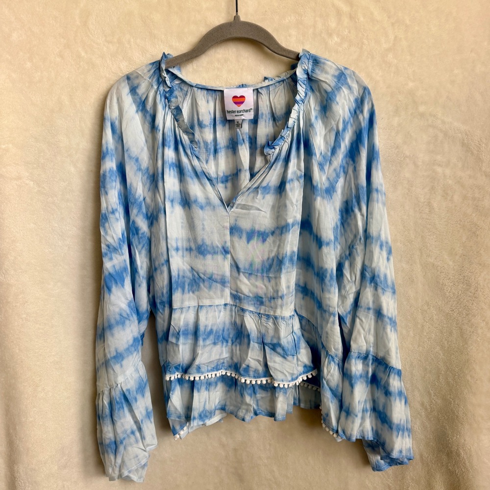 Hester & Orchard XL Blue White Tie Dye Peasant Blouse Pom Pom Bell Sleeve Top